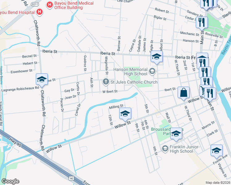 map of restaurants, bars, coffee shops, grocery stores, and more near 1501-1599 West Ibert Street in Franklin