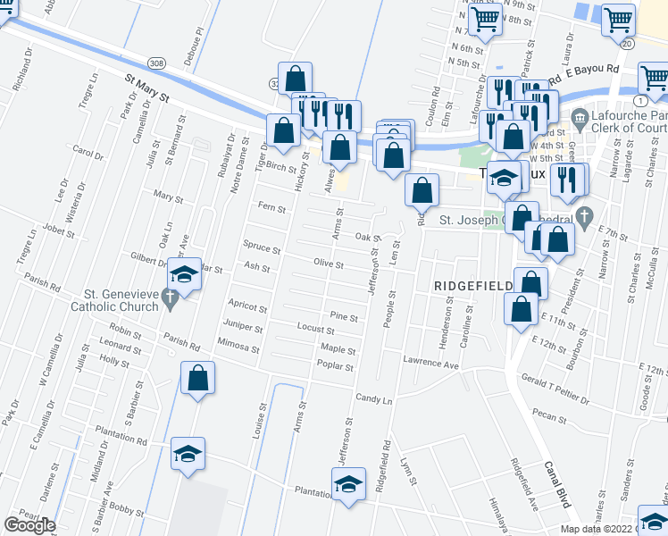 map of restaurants, bars, coffee shops, grocery stores, and more near 601 Arms Street in Thibodaux