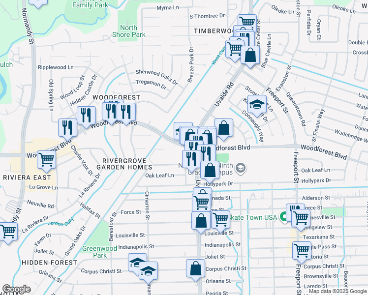 map of restaurants, bars, coffee shops, grocery stores, and more near 13350 Woodforest Boulevard in Houston