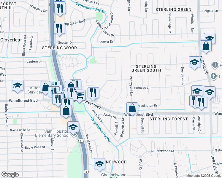 map of restaurants, bars, coffee shops, grocery stores, and more near 15006 Aberdovey Lane in Channelview