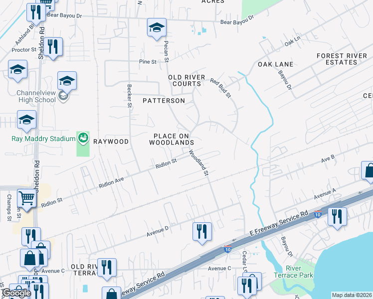 map of restaurants, bars, coffee shops, grocery stores, and more near 16233 Ridlon Street in Channelview