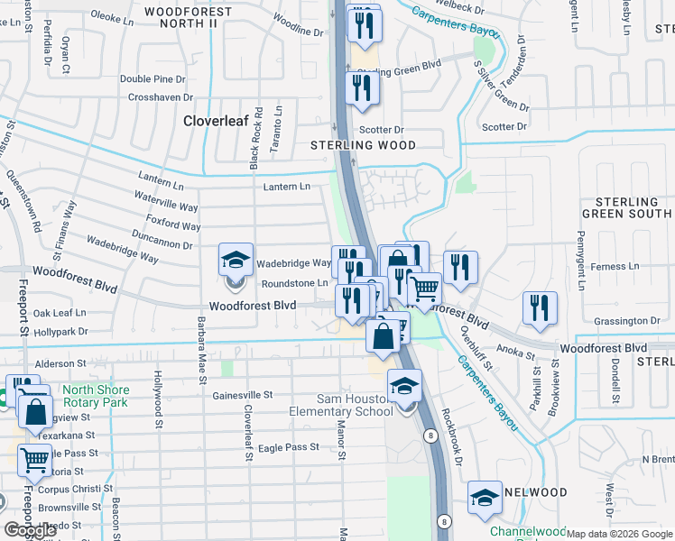 map of restaurants, bars, coffee shops, grocery stores, and more near 14645 Woodforest Boulevard in Houston