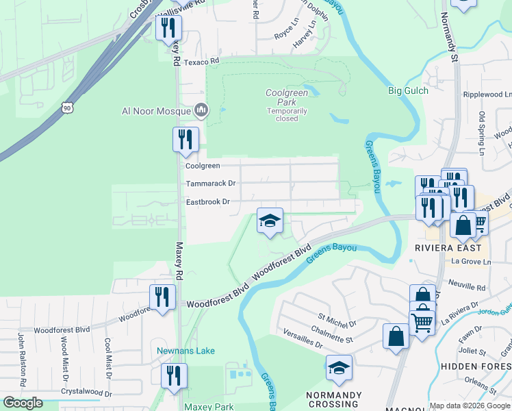 map of restaurants, bars, coffee shops, grocery stores, and more near 12714 Eastbrook Drive in Houston