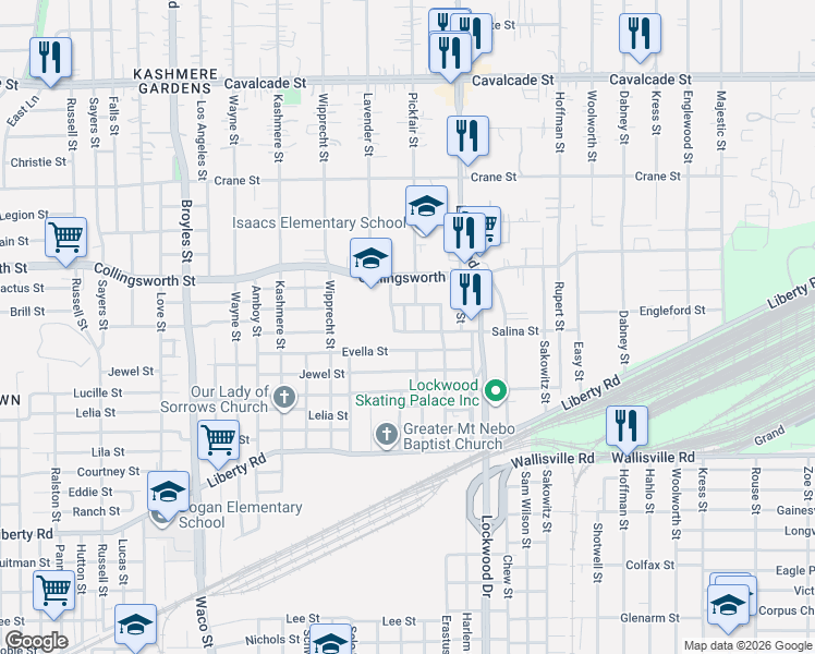 map of restaurants, bars, coffee shops, grocery stores, and more near 5102 Salina Street in Houston