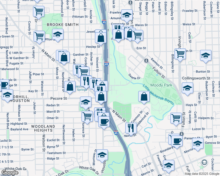map of restaurants, bars, coffee shops, grocery stores, and more near 301 Dell Court in Houston