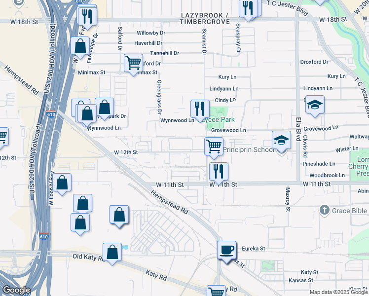 map of restaurants, bars, coffee shops, grocery stores, and more near 3545 W 12th St in Houston