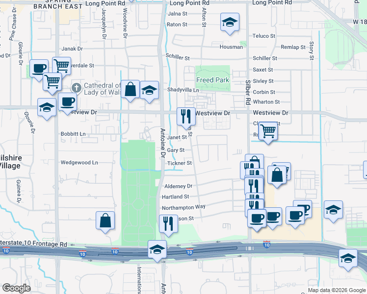 map of restaurants, bars, coffee shops, grocery stores, and more near 7107 Gary Street in Houston