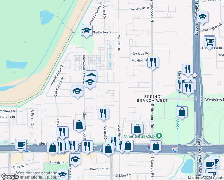 map of restaurants, bars, coffee shops, grocery stores, and more near 11008 Mikula Drive in Houston