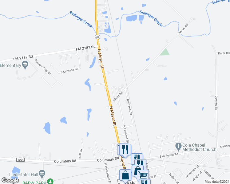 map of restaurants, bars, coffee shops, grocery stores, and more near 203 Maler Road in Sealy