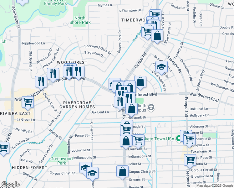 map of restaurants, bars, coffee shops, grocery stores, and more near 13350 Woodforest Boulevard in Houston