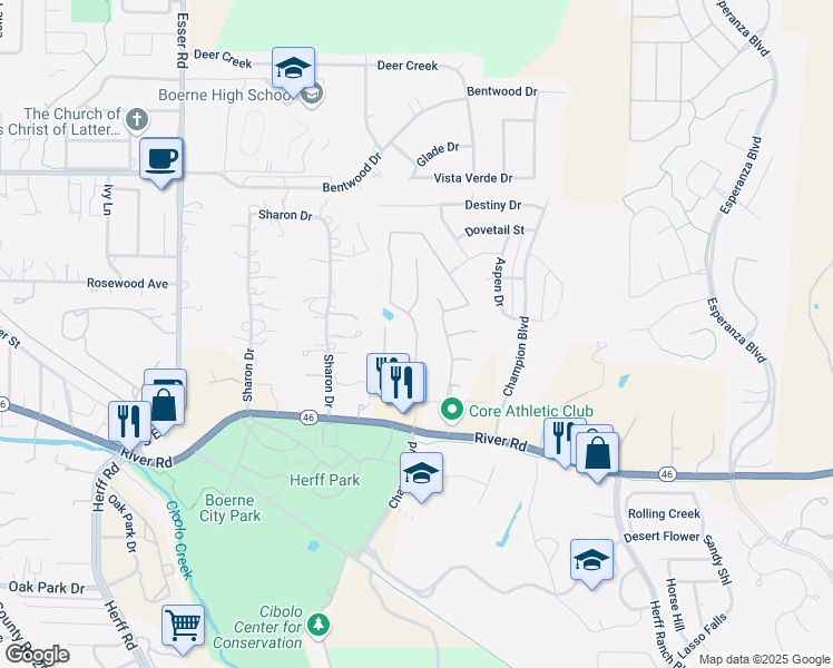 map of restaurants, bars, coffee shops, grocery stores, and more near Woods of Boerne Boulevard in Boerne