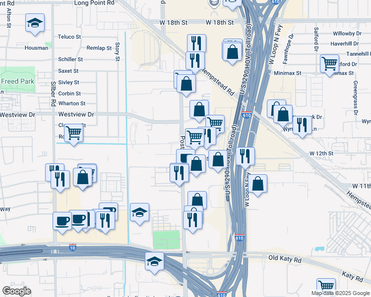 map of restaurants, bars, coffee shops, grocery stores, and more near 1296 North Post Oak Road in Houston
