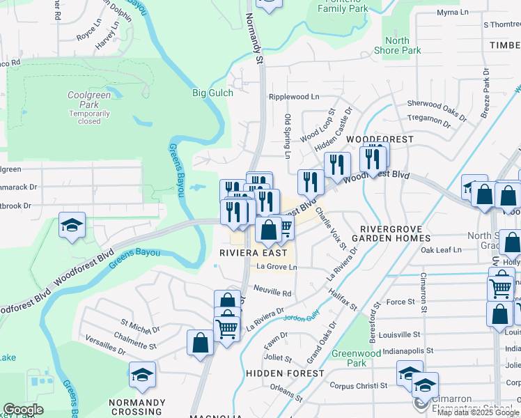 map of restaurants, bars, coffee shops, grocery stores, and more near in Houston