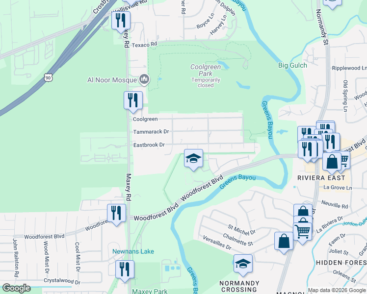 map of restaurants, bars, coffee shops, grocery stores, and more near 12714 Eastbrook Drive in Houston