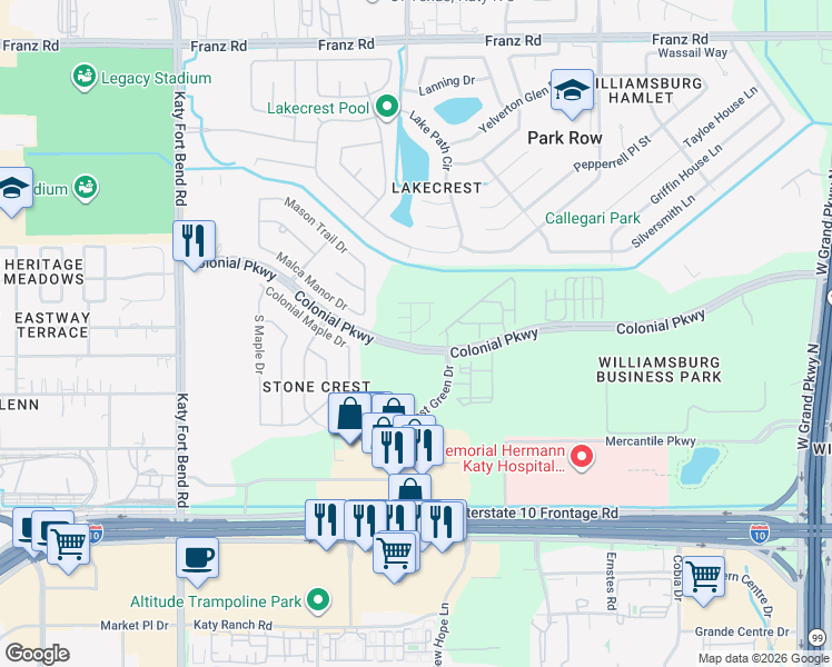 map of restaurants, bars, coffee shops, grocery stores, and more near 23806 Colonial Pkwy in Katy