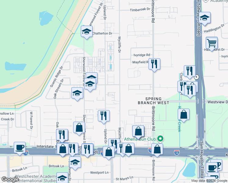 map of restaurants, bars, coffee shops, grocery stores, and more near 11008 Mikula Drive in Houston