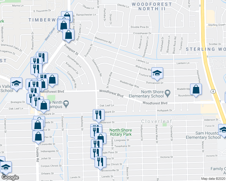 map of restaurants, bars, coffee shops, grocery stores, and more near 13939 Woodforest Boulevard in Houston