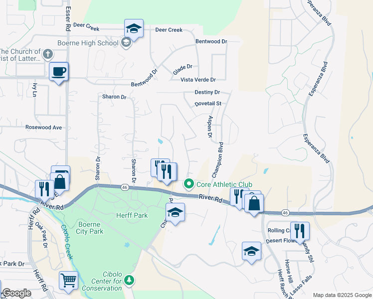 map of restaurants, bars, coffee shops, grocery stores, and more near 129 Noble Woods in Boerne