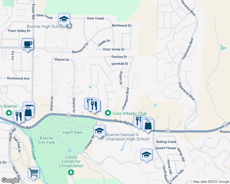 map of restaurants, bars, coffee shops, grocery stores, and more near 107 Massey Woods in Boerne