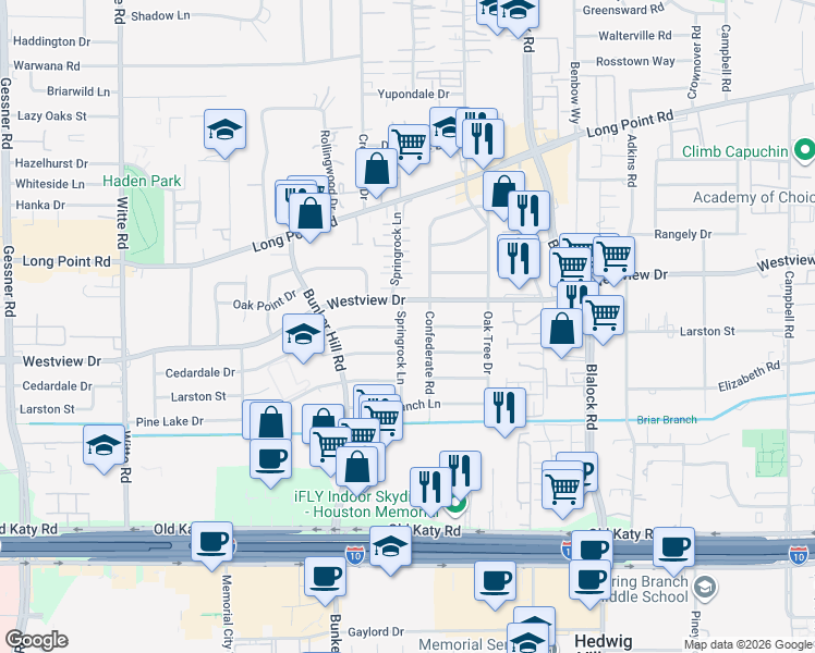 map of restaurants, bars, coffee shops, grocery stores, and more near 1230 Springrock Lane in Houston
