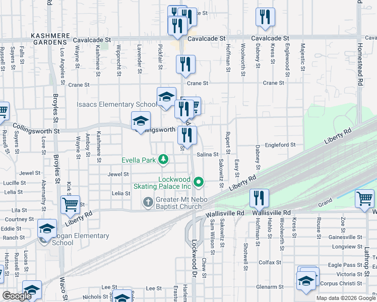 map of restaurants, bars, coffee shops, grocery stores, and more near 3536 Lockwood Drive in Houston
