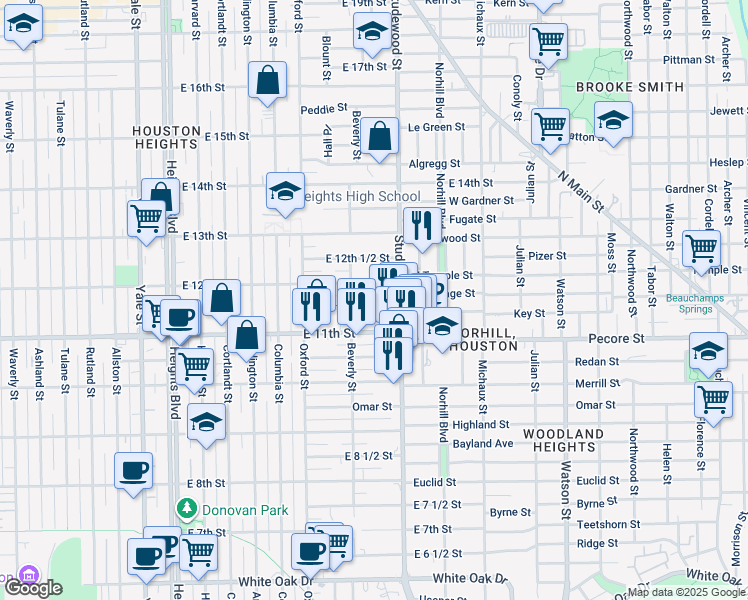 map of restaurants, bars, coffee shops, grocery stores, and more near 706 East 11th 1/2 Street in Houston