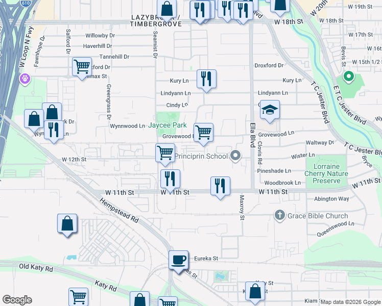 map of restaurants, bars, coffee shops, grocery stores, and more near 3328 West 12th Street in Houston