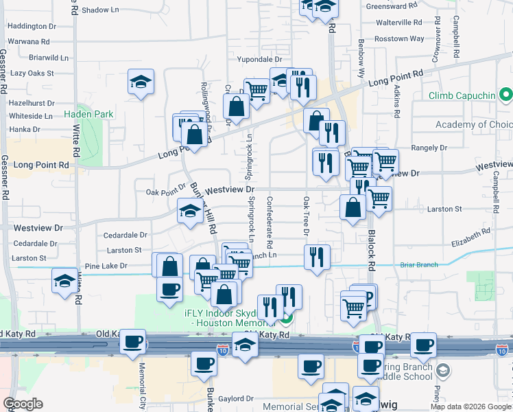 map of restaurants, bars, coffee shops, grocery stores, and more near 1230 Springrock Lane in Houston