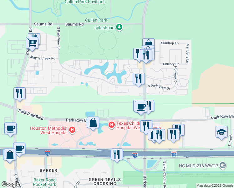 map of restaurants, bars, coffee shops, grocery stores, and more near 18119 Pelican Way Road in Houston