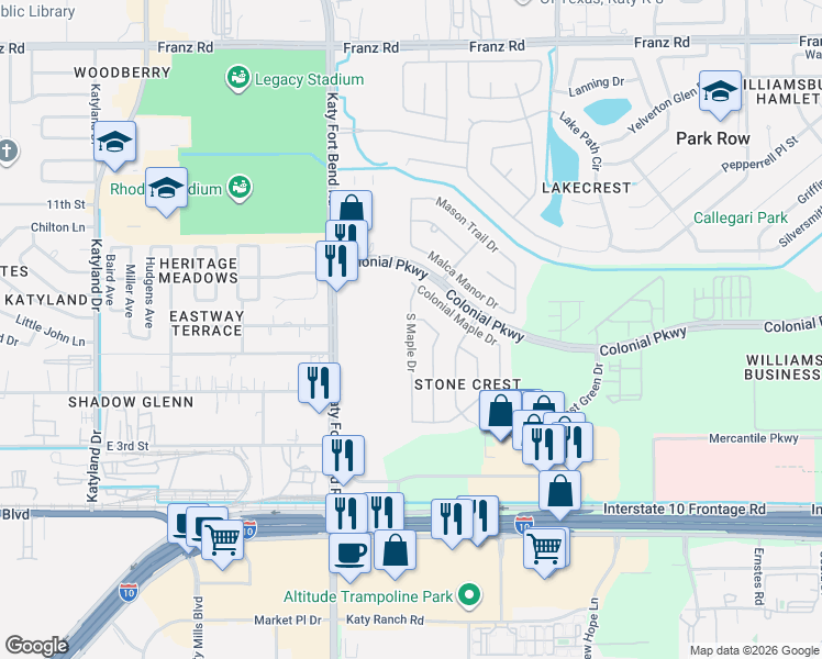 map of restaurants, bars, coffee shops, grocery stores, and more near 1327 South Maple Drive in Katy