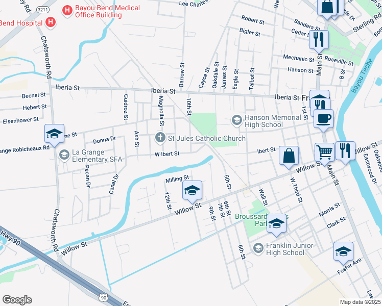 map of restaurants, bars, coffee shops, grocery stores, and more near 10th St in Franklin