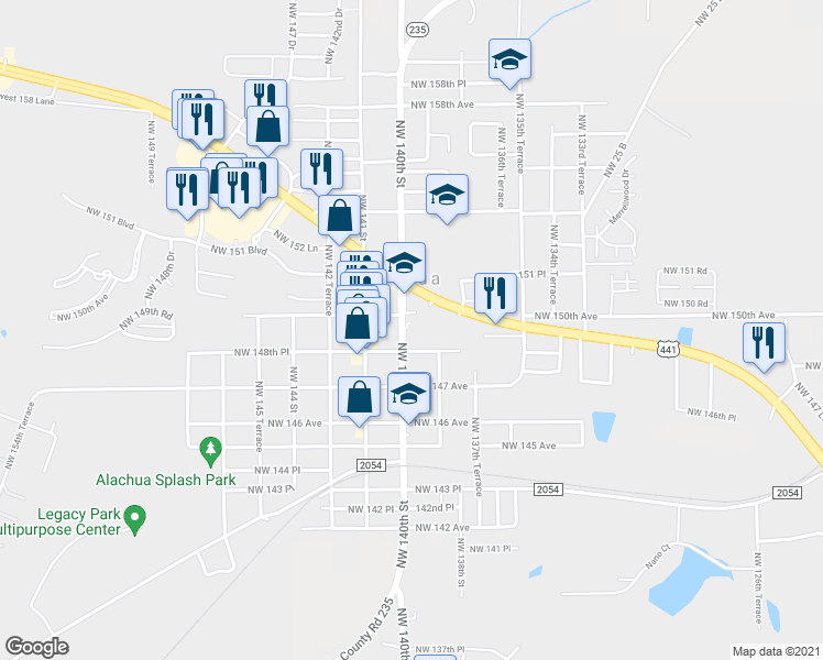 map of restaurants, bars, coffee shops, grocery stores, and more near 14913 Northwest 140th Street in Alachua