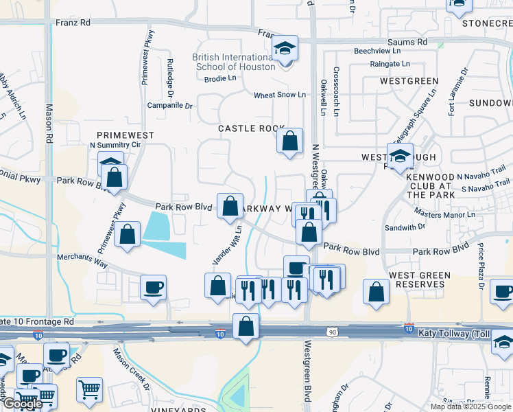 map of restaurants, bars, coffee shops, grocery stores, and more near 20718 Park Row in Katy