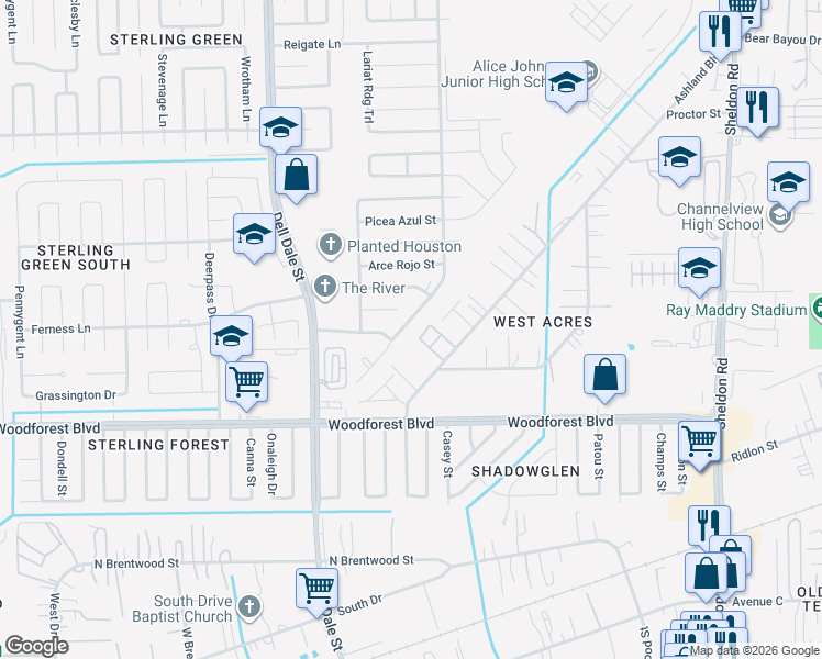 map of restaurants, bars, coffee shops, grocery stores, and more near 903 Ashland Boulevard in Channelview