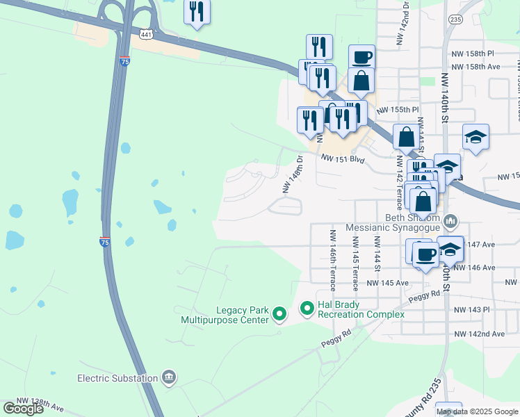 map of restaurants, bars, coffee shops, grocery stores, and more near 15106 Northwest 149th Road in Alachua