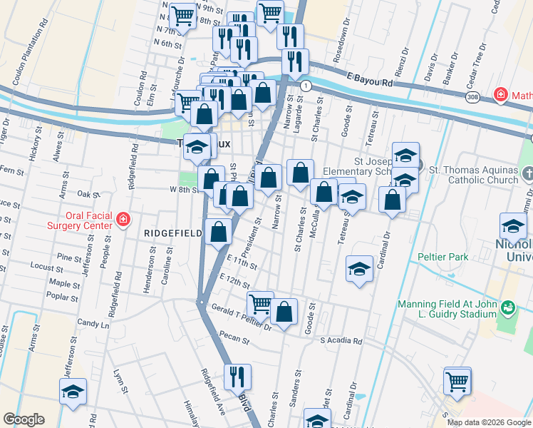 map of restaurants, bars, coffee shops, grocery stores, and more near 213 East 9th Street in Thibodaux