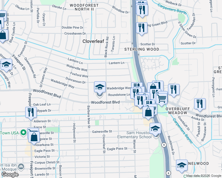 map of restaurants, bars, coffee shops, grocery stores, and more near 14423 Roundstone Lane in Houston