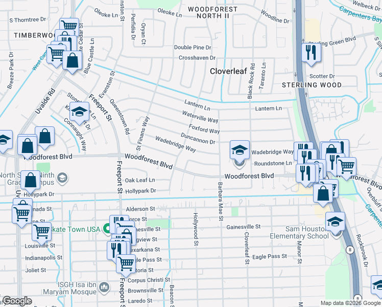 map of restaurants, bars, coffee shops, grocery stores, and more near 14127 Roundstone Lane in Houston