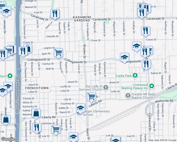 map of restaurants, bars, coffee shops, grocery stores, and more near 3410 Kirk Street in Houston