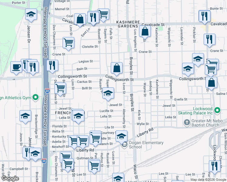 map of restaurants, bars, coffee shops, grocery stores, and more near 4110 Tiffin Street in Houston
