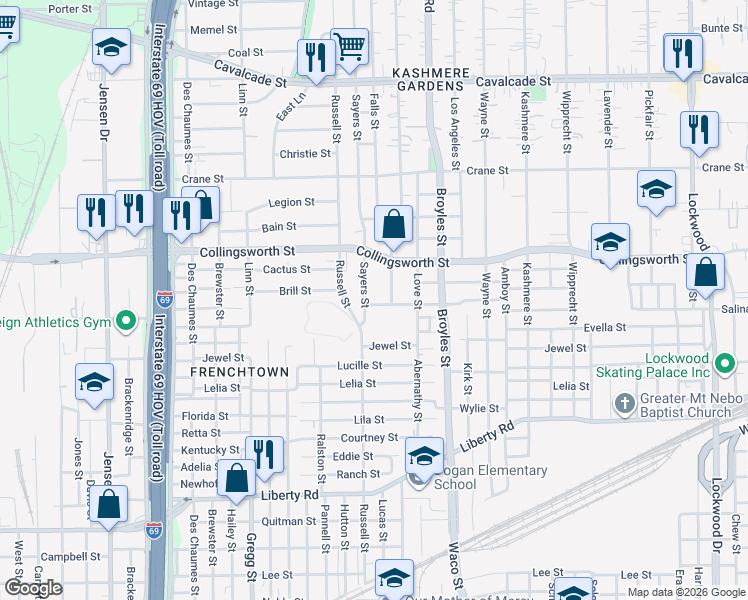 map of restaurants, bars, coffee shops, grocery stores, and more near 3331 Sayers Street in Houston