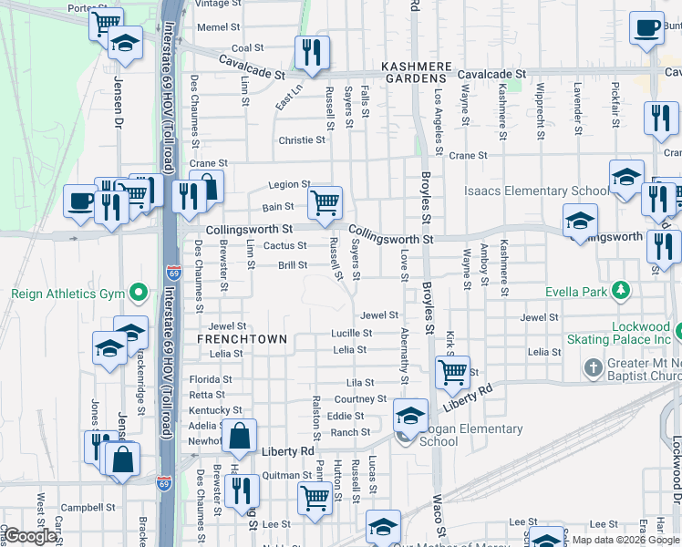map of restaurants, bars, coffee shops, grocery stores, and more near 3331 Sayers Street in Houston