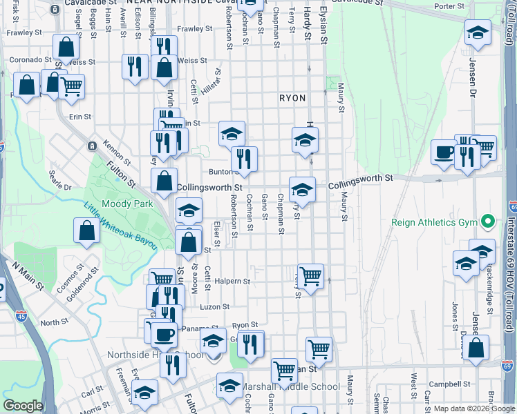 map of restaurants, bars, coffee shops, grocery stores, and more near 1218 Bigelow Street in Houston