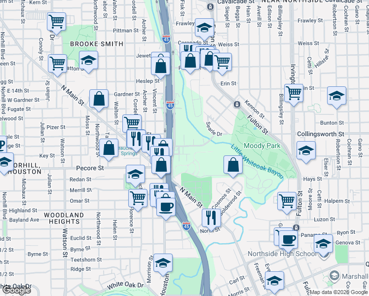 map of restaurants, bars, coffee shops, grocery stores, and more near 101 Emerald Court in Houston