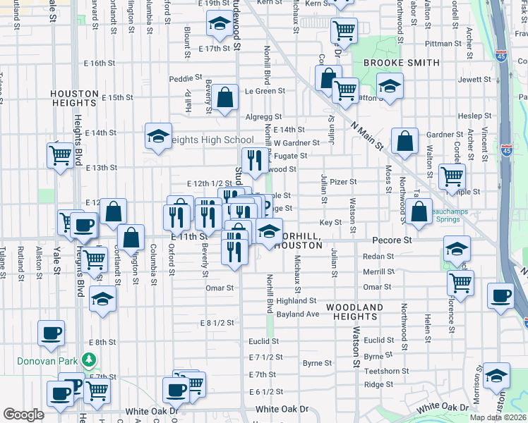 map of restaurants, bars, coffee shops, grocery stores, and more near 1110 Key Street in Houston
