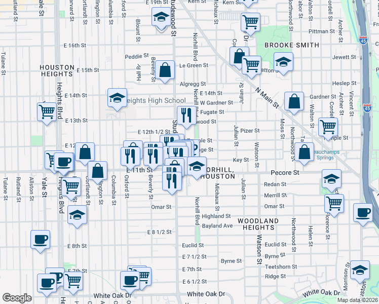 map of restaurants, bars, coffee shops, grocery stores, and more near 1110 Key Street in Houston