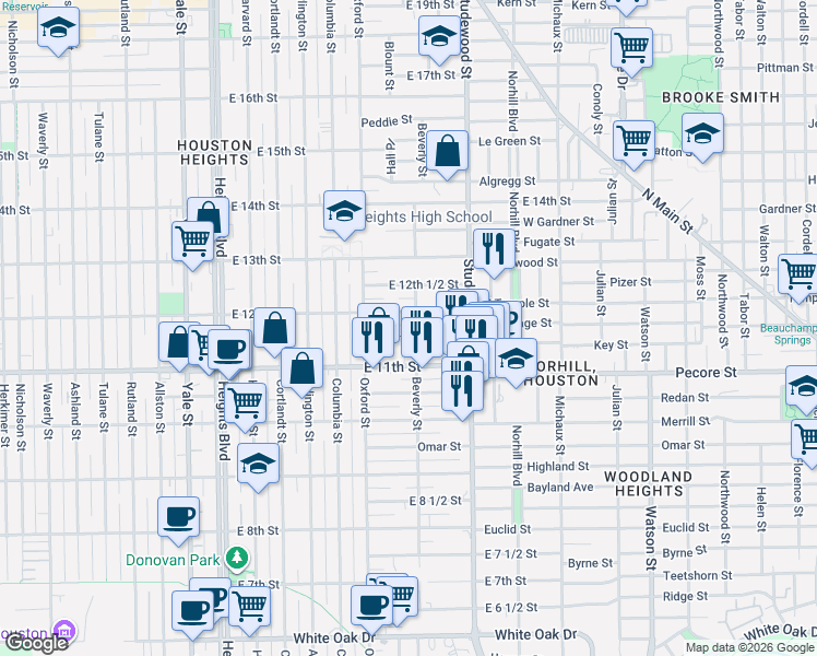 map of restaurants, bars, coffee shops, grocery stores, and more near 624 East 11th 1/2 Street in Houston