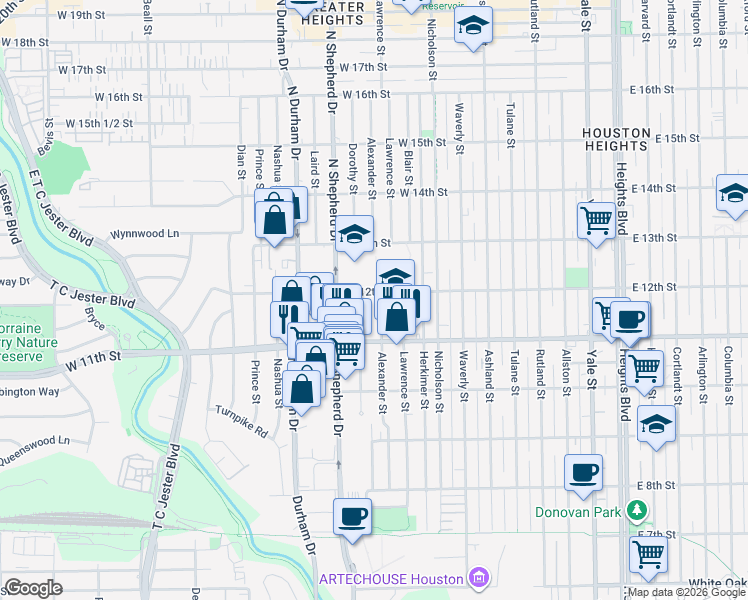 map of restaurants, bars, coffee shops, grocery stores, and more near 1127 Dorothy Street in Houston