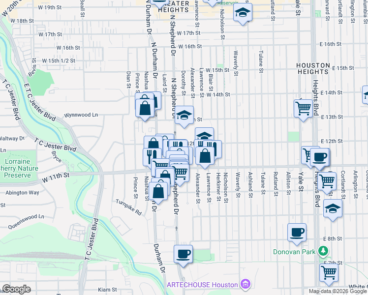 map of restaurants, bars, coffee shops, grocery stores, and more near 1127 Dorothy Street in Houston