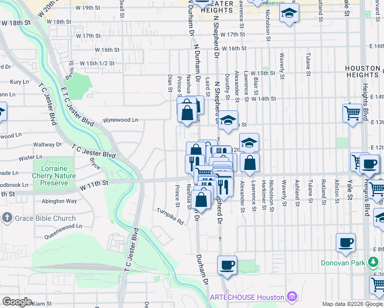 map of restaurants, bars, coffee shops, grocery stores, and more near 1137 North Durham Drive in Houston